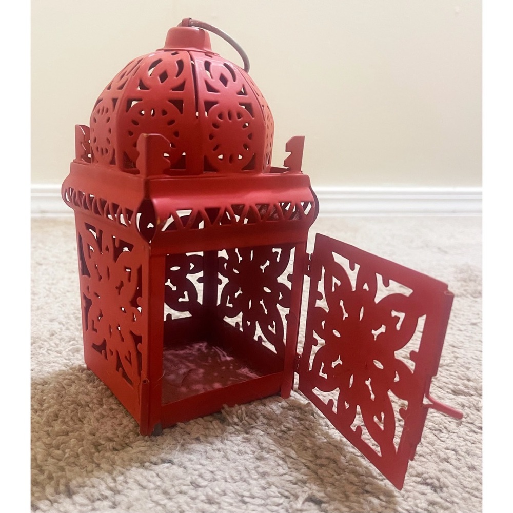 Lantern Metal Red Candle Holder Cage Style with Latch Home Decor Small